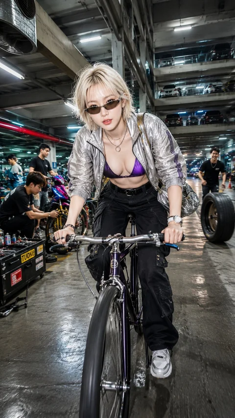 A blonde woman in glasses, a silver jacket and dark trousers rides a bicycle through an industrial garage.