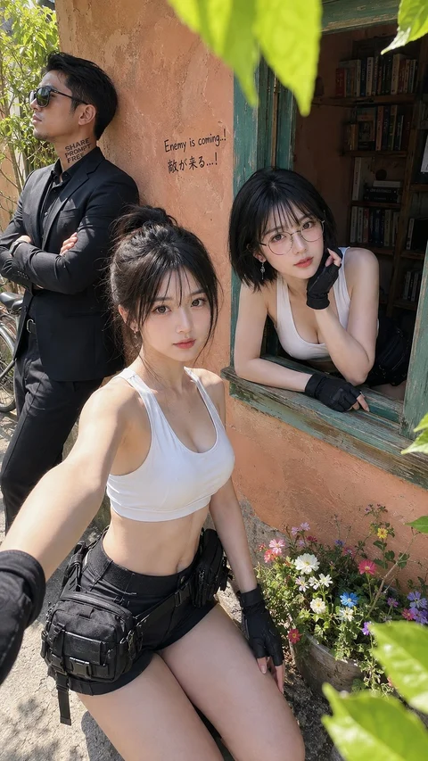 Two women and a man gather beside a colorful wall and open window in a leafy courtyard.