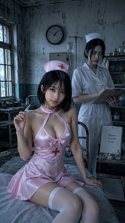 Two women in pink and white nurse-inspired costumes pose in a dim, weathered room.
