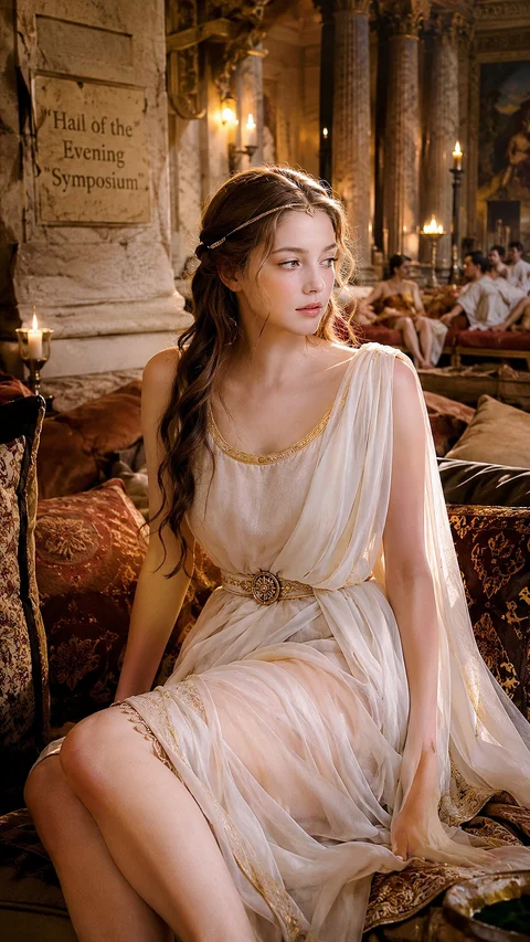 A person in a pale flowing gown sits in a richly decorated room with warm lights and dining tables.