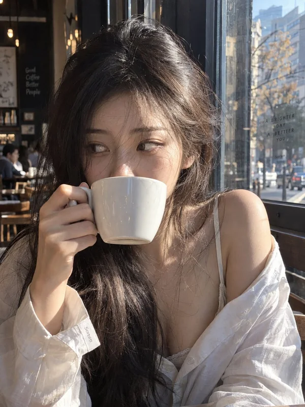 Illustrative adult portrait: Morning coffee beside a sunny cafe window