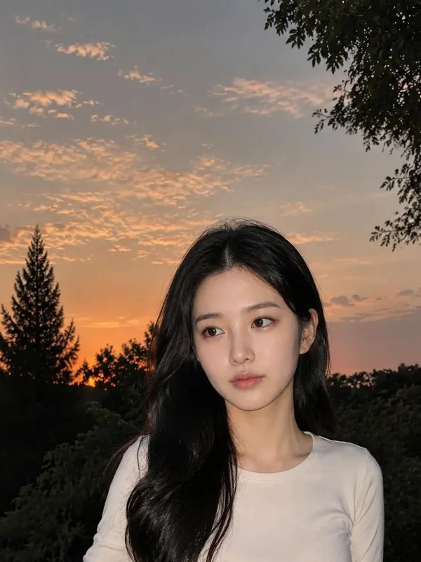 Illustrative adult portrait: Pale long-sleeve top in sunset light